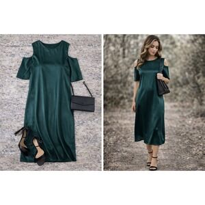 Zara Women Green Satin Midi Dress Open Shoulder Trafaluc Size Small NWT